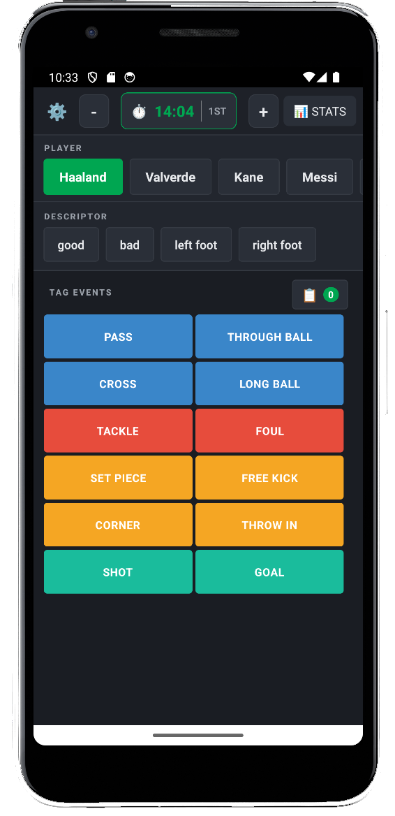 xAssist live match tagging interface with event buttons and timer
