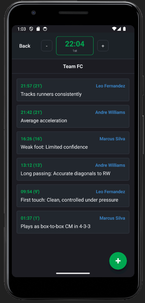 xAssist match feed and scouting event timeline