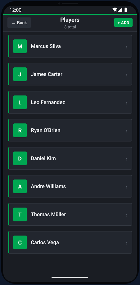 xAssist Players screen showing the squad roster