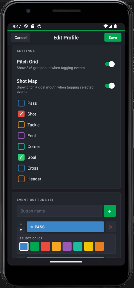 xAssist custom tagging profile editor with configurable event buttons and QR sharing